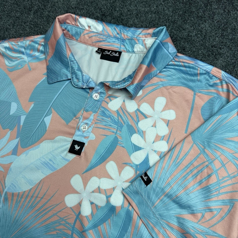 Bad Birdie Mens Tropical Floral Palms Print Polo Shirt Size L Golf Performance